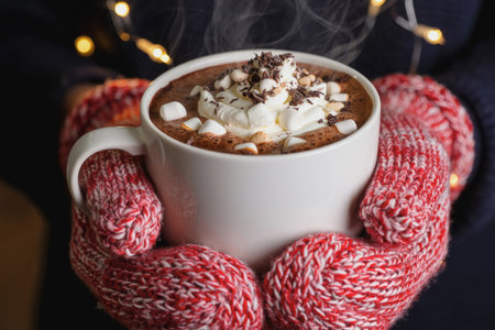 A person wearing red and white knitted mittens is holding a large cup of hot chocolate topped with whipped cream and marshmallows. Soft glowing lights create a warm atmosphere during winter. AI Generatedの素材