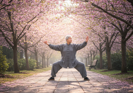 A person performs tai chi amidst cherry blossom trees in full bloom. Soft morning light filters through the flowers, creating a peaceful atmosphere in the park.の素材