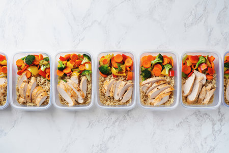 Delicious meal prep features grilled chicken breast, steamed broccoli, and vibrant carrots and peppers served with rice in clear containers on a marble surface.の素材