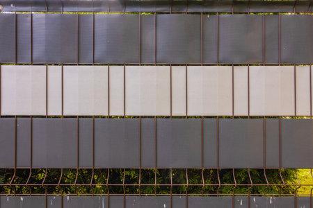 In a contemporary setting, a series of alternating light and dark panels create a striking design. Lush greenery is visible behind the panels, adding a natural touch to the modern structure.の写真素材
