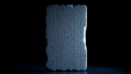 A stone tablet covered in intricate hieroglyphs stands upright in a dimly lit museum display. Soft light highlights the ancient symbols, showcasing the artistry and history of Egyptian civilization.の素材