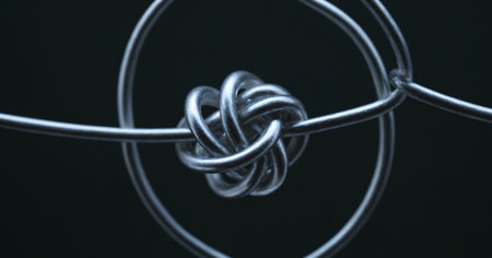 A close-up view of a metal wire knot showcases the detailed craftsmanship and intricate design. The dark background emphasizes the texture and shape of the twisted wire, creating an artistic focus.の素材