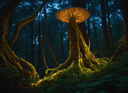 In a serene forest at night, a large glowing tree with a mushroom-shaped top radiates warm light, surrounded by twisting roots and soft green foliage, creating a mystical atmosphere.の素材