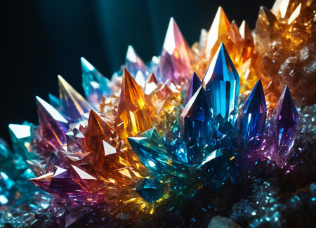 Vibrant and colorful crystals cluster together, reflecting light in various hues, creating a stunning natural display. This close-up captures the beauty of the mineral formation perfectly.の素材