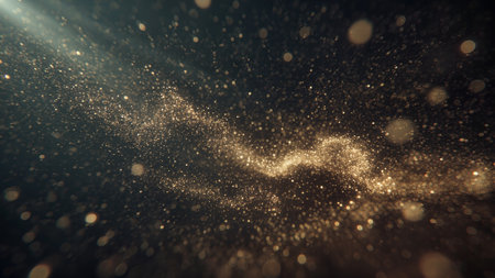 Golden particles swirl and shimmer in a dark background, creating a mesmerizing effect. The scene captures a magical ambiance, evoking a sense of wonder and beauty.の素材