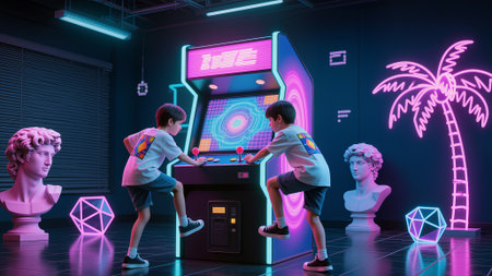 Two children are focused on an arcade game in a vibrant, illuminated gaming room. Statues and neon lights create a lively atmosphere, enhancing the retro gaming experience.の素材