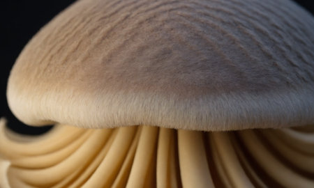 A close view shows the top of a mushroom cap. The texture is visible with light hitting the surface. The mushroom grows in a natural area surrounded by soil and underbrush.の素材