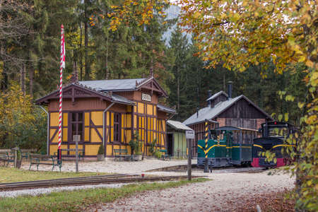 Old austrian Flachgau train station. Rebuilt in a museum. No people.のeditorial素材