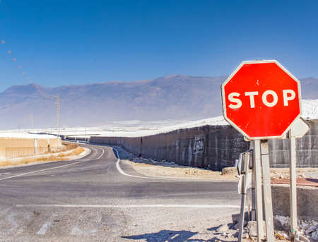 vegetable cultivation almeria, spain. greenhouse with stop signの写真素材
