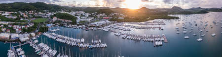 Le Marin (Martinique), drone footage at sunrise. Sailboats in the marina and the mooring field.