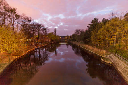 The Teltow Channel (Berlin) at night, long exposure. Teltowkanal.の写真素材