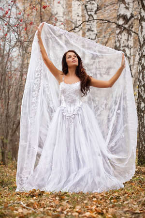 Young brunette in a wedding dress standing in an autumn forestの写真素材