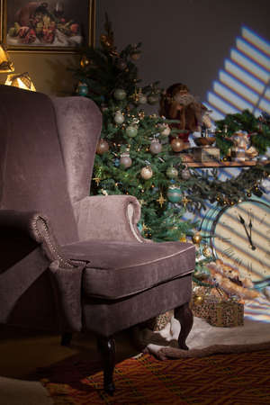 Christmas and New Year still life with toys and treeの写真素材