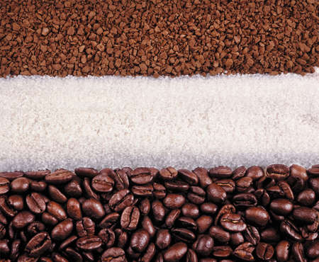 Coffee beans, sugar and granules on a stduio backgroundの写真素材