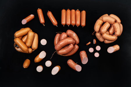 Different kinds of sausages on a black studio backgroundの写真素材