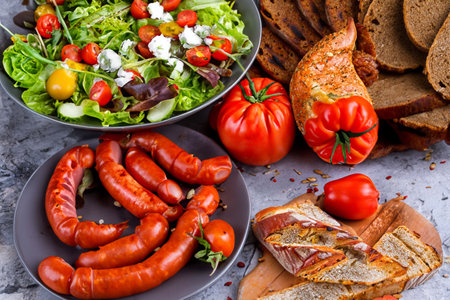 Grill sausages with spices, vegetables, greenery on a table and outside on a grassの素材