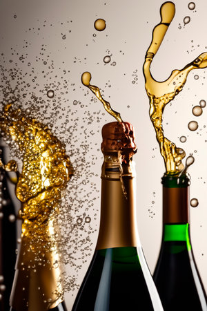 Bottle of wine with cork, splashes, foam and bubbles, close upの素材