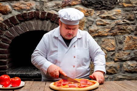Fat positive cook cutting pizza on an old wooden tableの素材