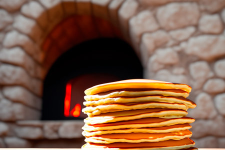 Pancakes on an old wooden table near the firing owenの素材