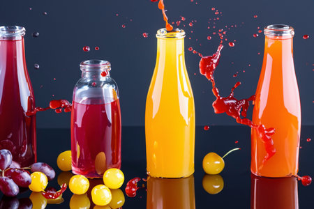 Different juices pouring into the glasses with splashes and bubblesの素材