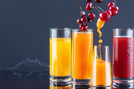 Different juices pouring into the glasses with splashes and bubblesの素材
