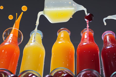 Different juices pouring into the glasses with splashes and bubblesの素材