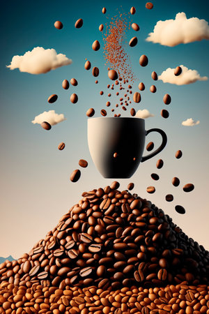 mountain of coffee beans with falling beans and a cupの素材