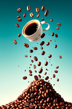 mountain of coffee beans with falling beans and a cupの素材