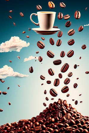 mountain of coffee beans with falling beans and a cupの素材