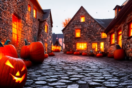Many jack'o'lanterns along the old stone paved street in an old small town before Halloweenの素材