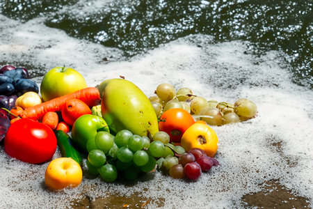 Many different fruits and vegetables falling into the water with splashes, foam, waves, reflections and highlightsの素材