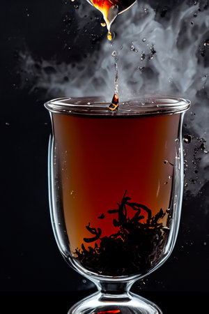 Glass of tea on a back glass backgroundの素材