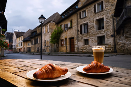 Croissants on a table at street cafeの素材