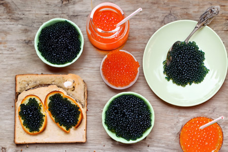 Different of caviar with bread and kinds of beveragesの素材