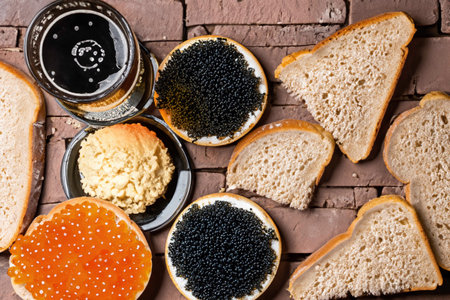Different of caviar with bread and kinds of beveragesの素材