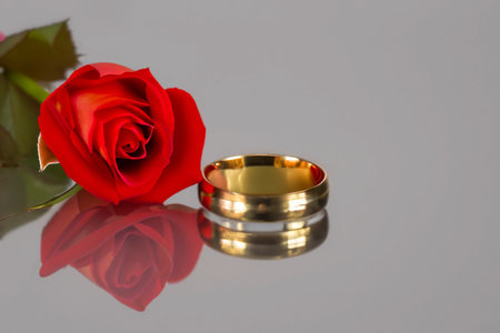 Golden ring and red rose on the black glass with reflectionの素材