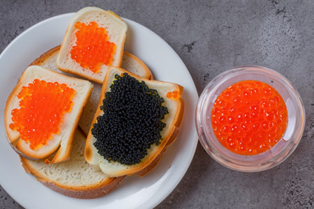 Different of caviar with bread and kinds of beveragesの素材