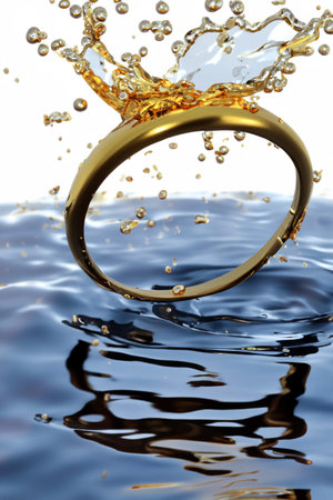Golden ring falls into the water with splashes, drops and reflectionsの素材