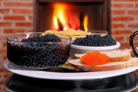 Different of caviar with bread and kinds of beveragesの素材