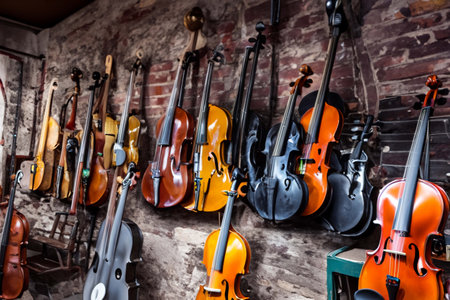 Interior of an old musical workshop with musical instruments and toolsの素材