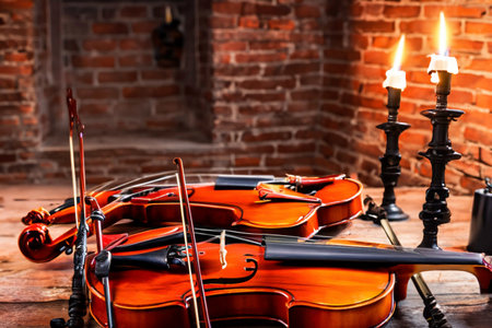 Interior of an old musical workshop with musical instruments and toolsの素材