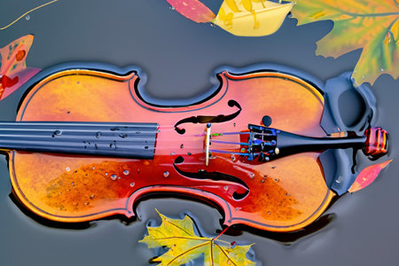 Violin lying on red and yellow autumn leaves under the rainの素材