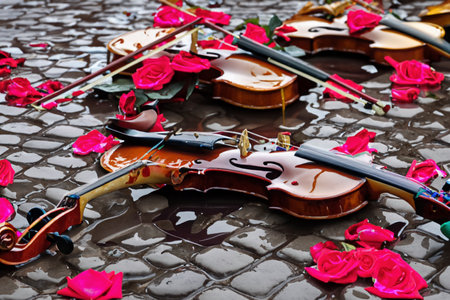 Violins and roses lying in the puddle under the rain on a street of an old small townの素材