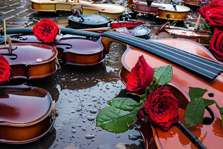 Violins and roses lying in the puddle under the rain on a street of an old small townの素材
