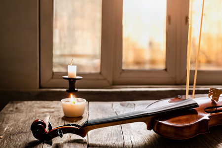 Interior of an old musical workshop with musical instruments and toolsの素材