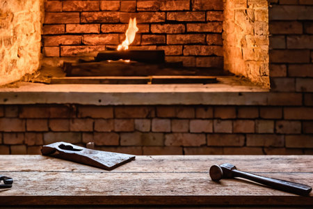 Interior of ancient workshop with stone walls, wooden workbench, antique rusty toolsの素材
