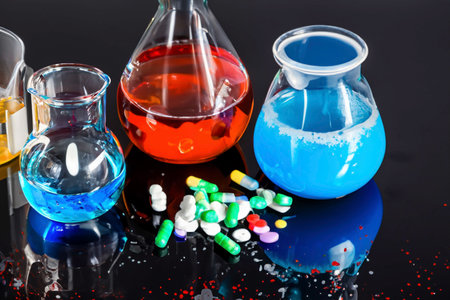 AI generated chemical glasses and different tablets on a black galss tableの素材
