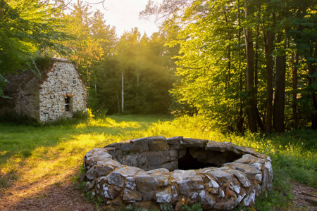 Old stone small house in a sunny foggy forestの素材