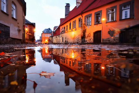 Old street in a small town after rain AI generatedの素材