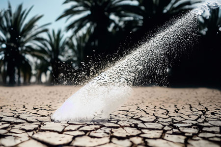 Dry desert ground with scratches, palms, hot, AI Generatedの素材